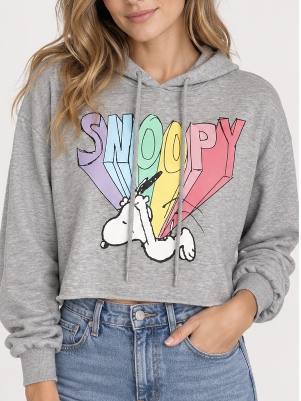 Peanuts Snoopy Hoodie Womens M Gray Pastel Rainbow Graphic Cropped Sweatshirt
